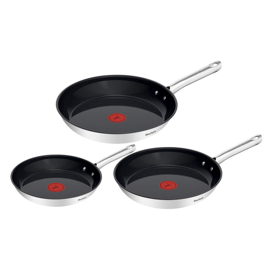 Tefal Duetto On Frying Pan Set, 3-piece 20/24/28 cm, Go Ceram ceramic non-stick coating, Thermo-Signal, riveted handle, suitable for all types of cooktops, stainless steel, G766S334