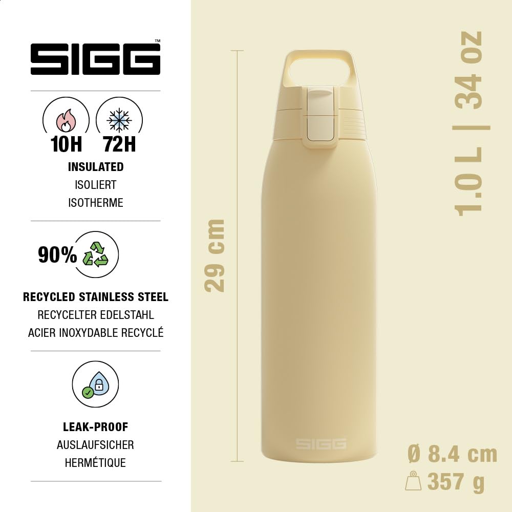 SIGG - Insulated drinking bottle - Thermos bottle Shield Therm One Opti Yellow carbonated drinks - Leak-proof - Dishwasher safe - BPA-free - 90% recycled stainless steel - Light yellow - 1L - 6021.70