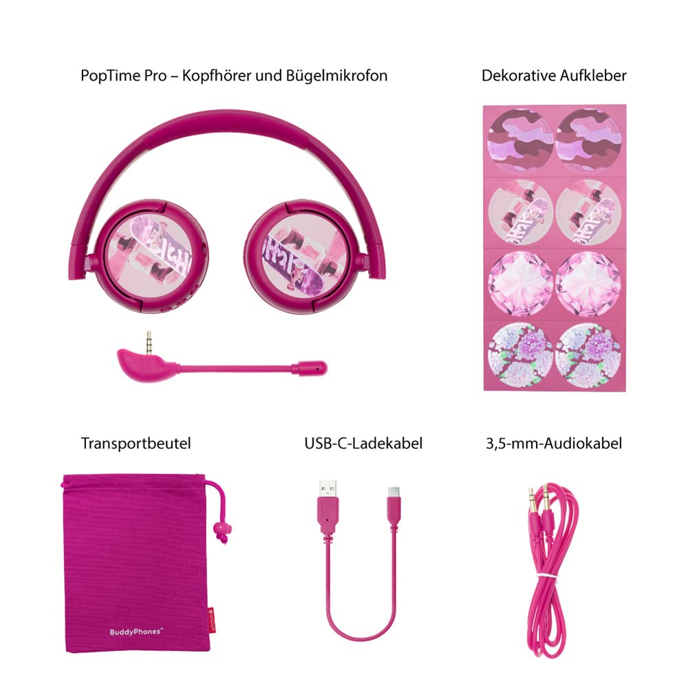 Brand new and “Made for Amazon”: BuddyPhones PopTime Pro Bluetooth children's headphones with volume limiter and boom microphone (ages: 3-12 years), pink - BT-BP-POP-TIMEP-PINK