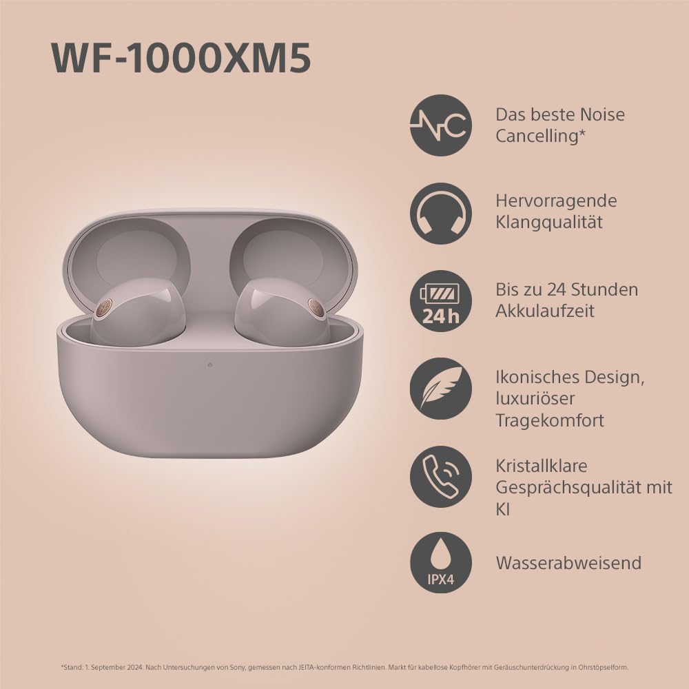 Sony WF-1000XM5 Wireless Noise Canceling Headphones, Bluetooth, In-Ear Headphones, Microphone, Up to 24 Hours Battery Life, Quick Charge Function, IPX4, iOS & Android Compatible - Pink - WF1000XM5P.CE7
