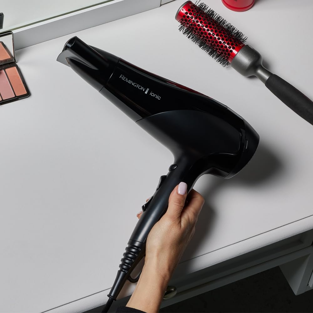 Remington Hair Dryer Ions [lightweight, diffuser & styling nozzle] black (2200W, ceramic ions: gentle styling & even heat distribution, 3 heat & 2 separate fan speeds + cool shot) D3198 - 45711560100