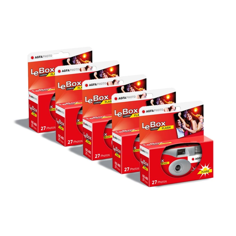 AGFA Photo 601020 LeBox Flash, disposable camera, 27 photos, optical lens 31 mm, gray and red, pack of 5 - 3760265545292