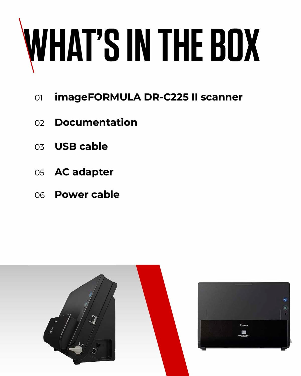 Canon DR-C225 II - imageFORMULA Document Scanner (Duplex, Feed, Color, 600dpi, 25 Pages/Min, PDF OCR, Compact, Black) - 3258C003