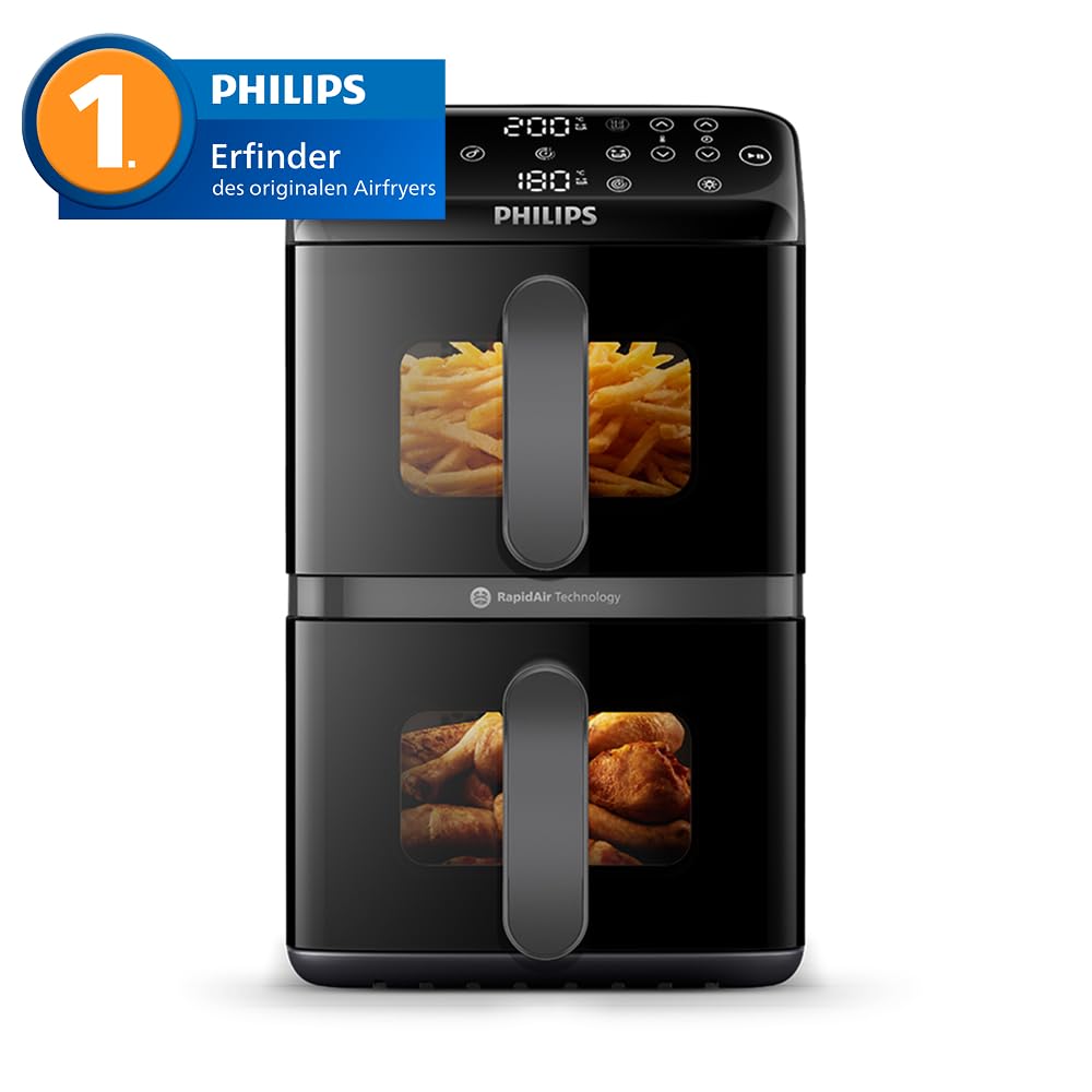 Philips Airfryer 4000 Series Stacked Dual Basket, stacked hot air fryer 2 chambers, 10L, RapidAir technology, 45% less space required, PFAS-free ceramic coating, viewing window (NA460/00)