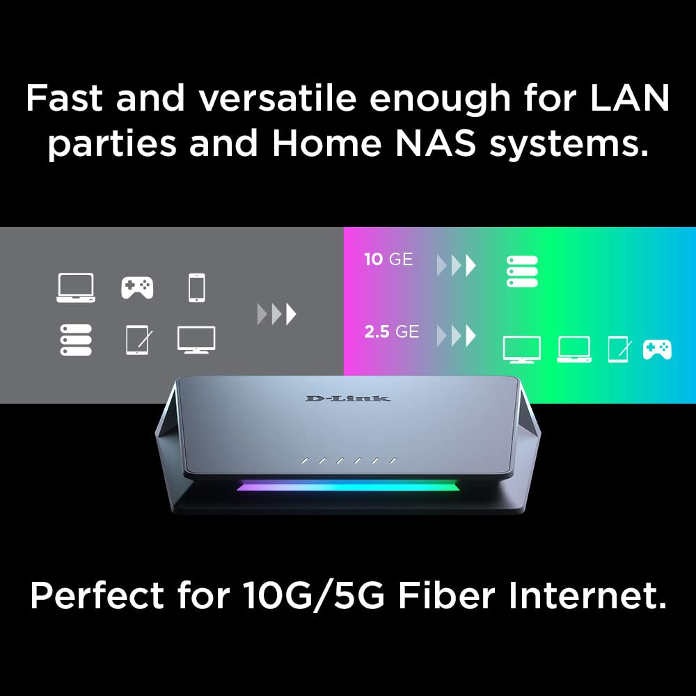 D-Link DMS-106XT 6-Port Multi-Gigabit Unmanaged Switch (5 x 2.5 Gigabit Ethernet, 1 x 10 Gigabit Ethernet, RGB lighting in Turbo Mode, aluminum housing, fanless, IGMP Snooping, Port-Base QoS)