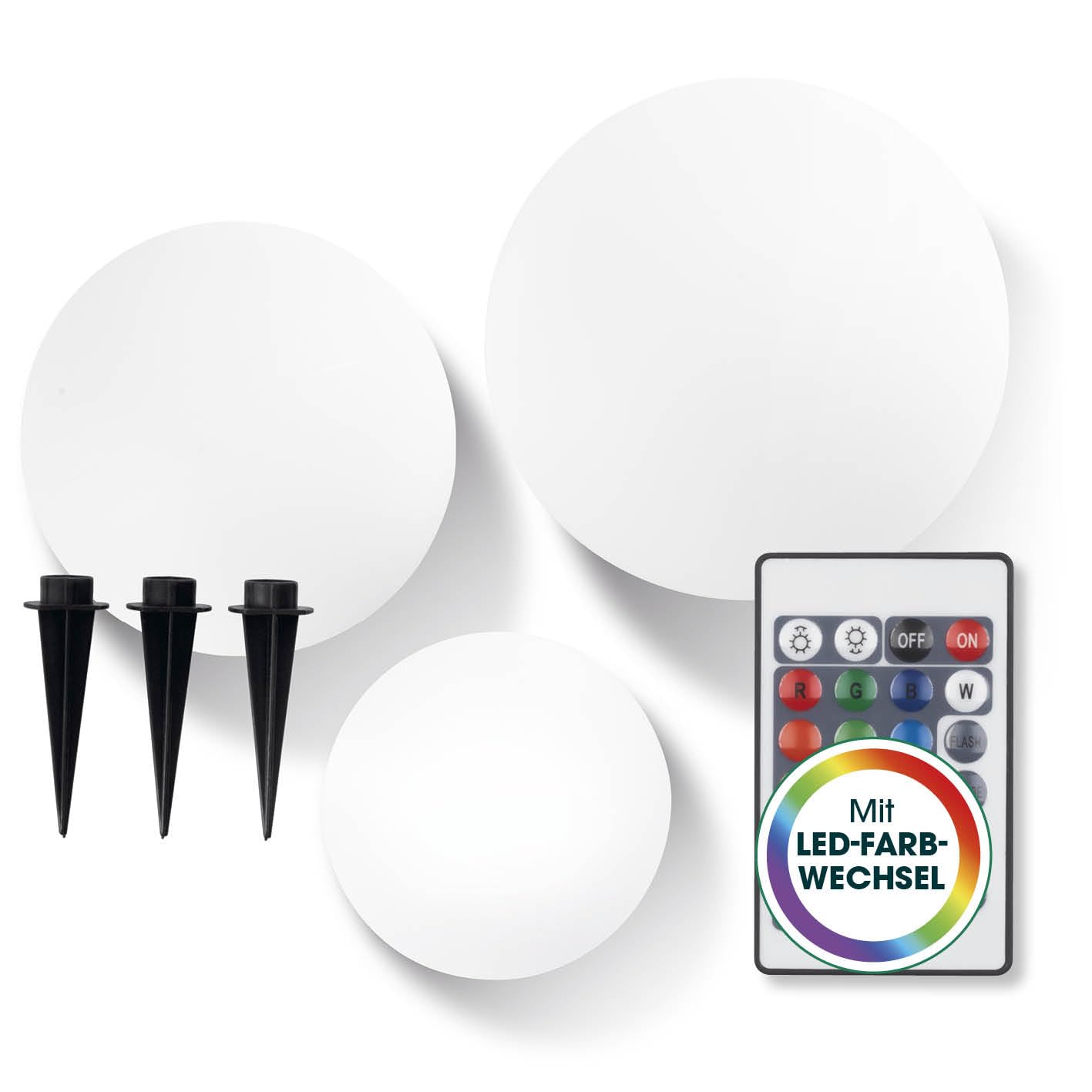 EASYmaxx LED solar light with remote control | 3 cold white lights - balls with solar operation & color changing | dimmable brightness levels, 12 colors & 5 light modes | including ground spike & insulation sensor - Solar-LED