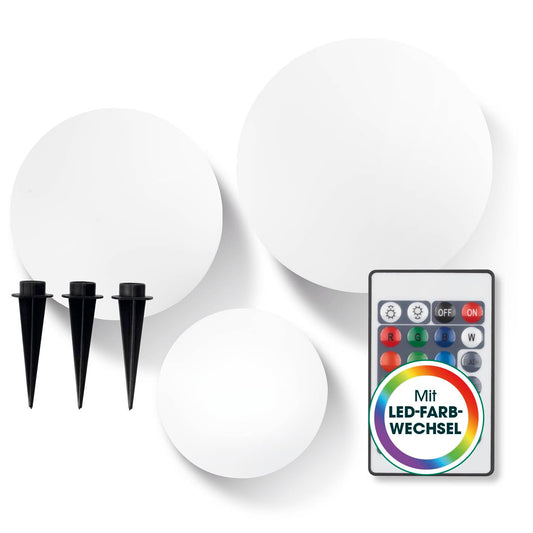 EASYmaxx LED solar light with remote control | 3 cold white lights - balls with solar operation & color changing | dimmable brightness levels, 12 colors & 5 light modes | including ground spike & insulation sensor - Solar-LED