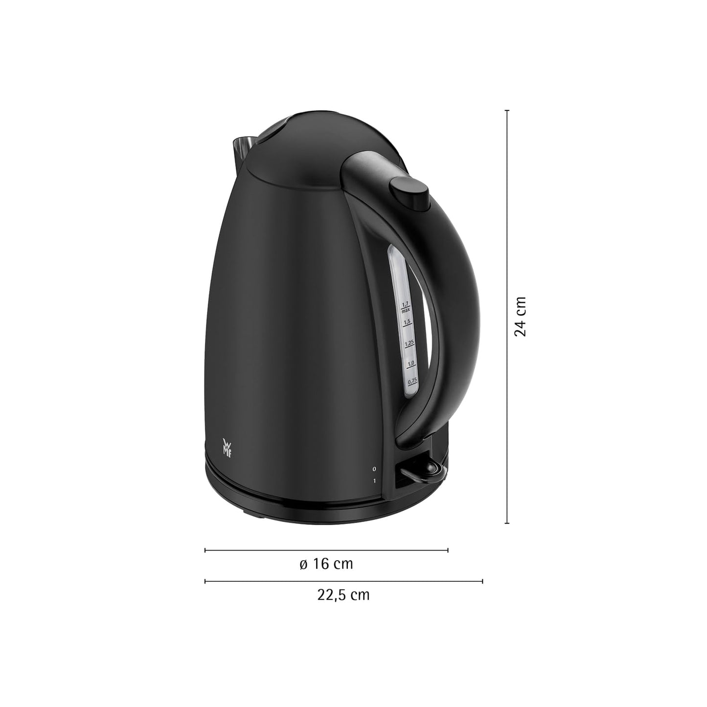 WMF Stelio kettle stainless steel 1.7L, electric kettle with limescale filter, 2400 W, illuminated water level indicator, matt black stainless steel - 413020072