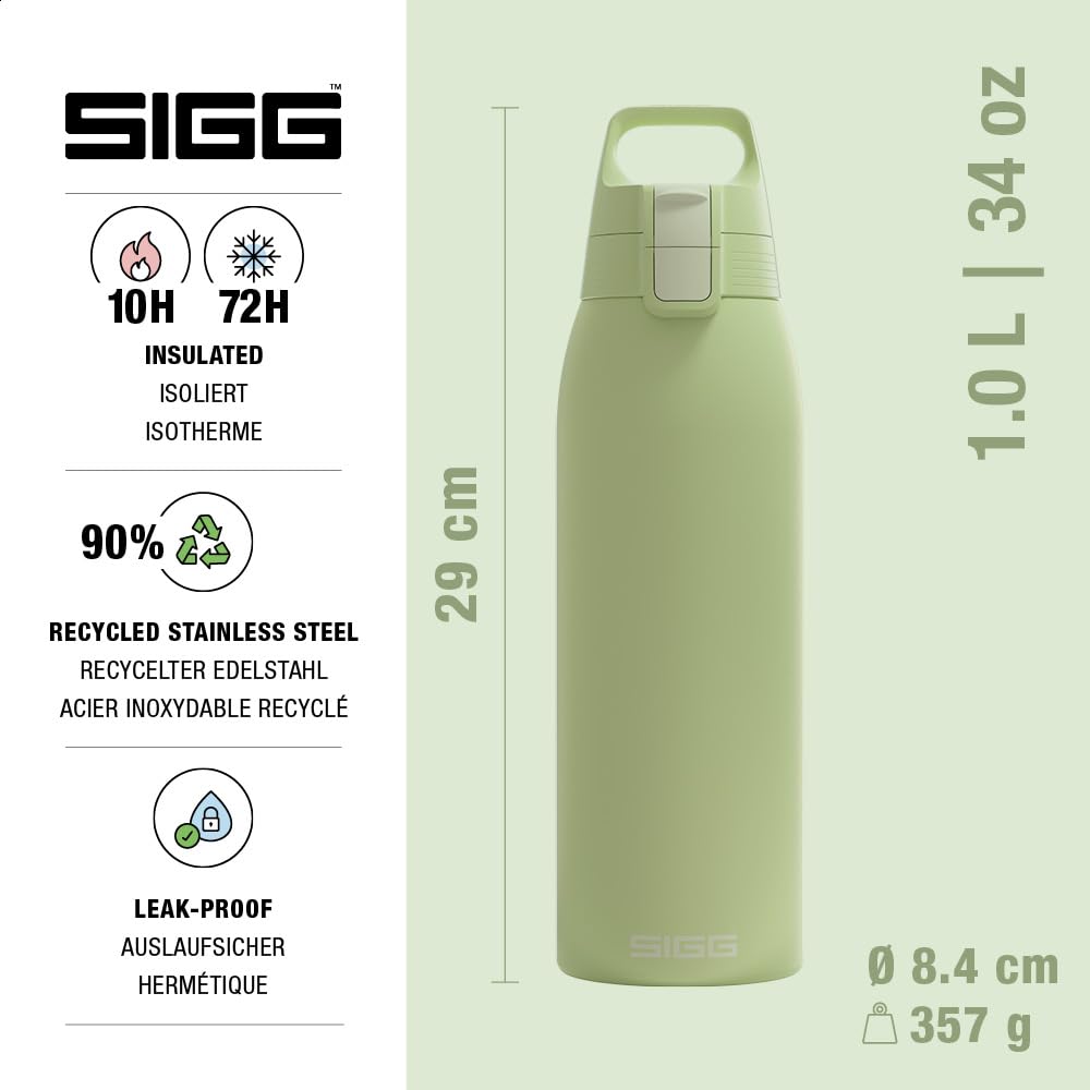 SIGG - Insulated drinking bottle - Thermos bottle Shield Therm One Eco Green carbonated drinks - Leak-proof - Dishwasher safe - BPA-free - 90% recycled stainless steel - Light green - 1L - 6021.60