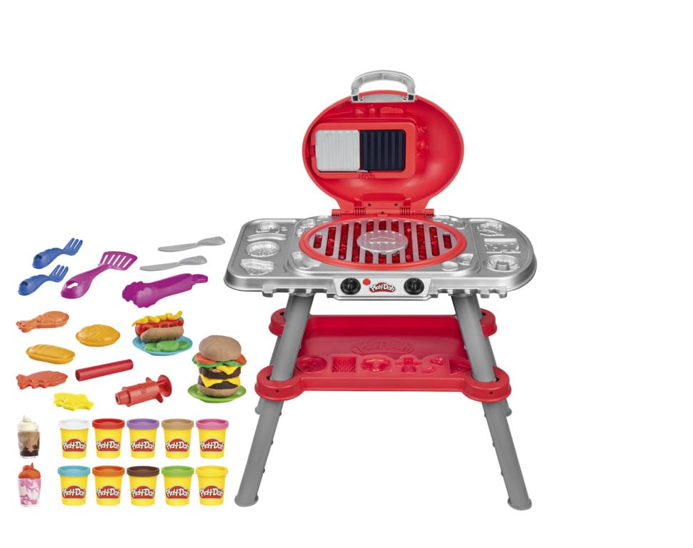 Play-Doh barbecue party toy, barbecue station with shapes, accessories and 6 cans of dough for crafts, grilling and cooking, kitchen toys, craft set and exciting for ages 3 and up - G0500