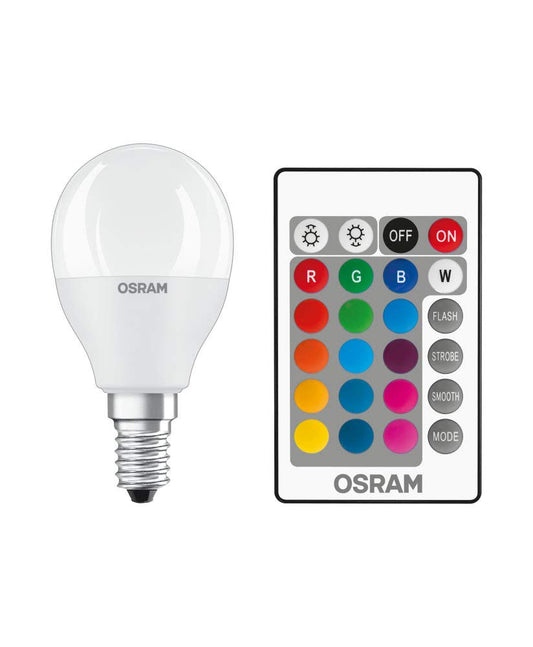 Osram STAR+ RGBW LED Lamp with E14 socket, RGB colors adjustable via remote control, 5.5W, drop shape, replacement for 40W incandescent bulb, matte, LED retrofit RGBW lamps with remote control, 4-pack - 4058075430884