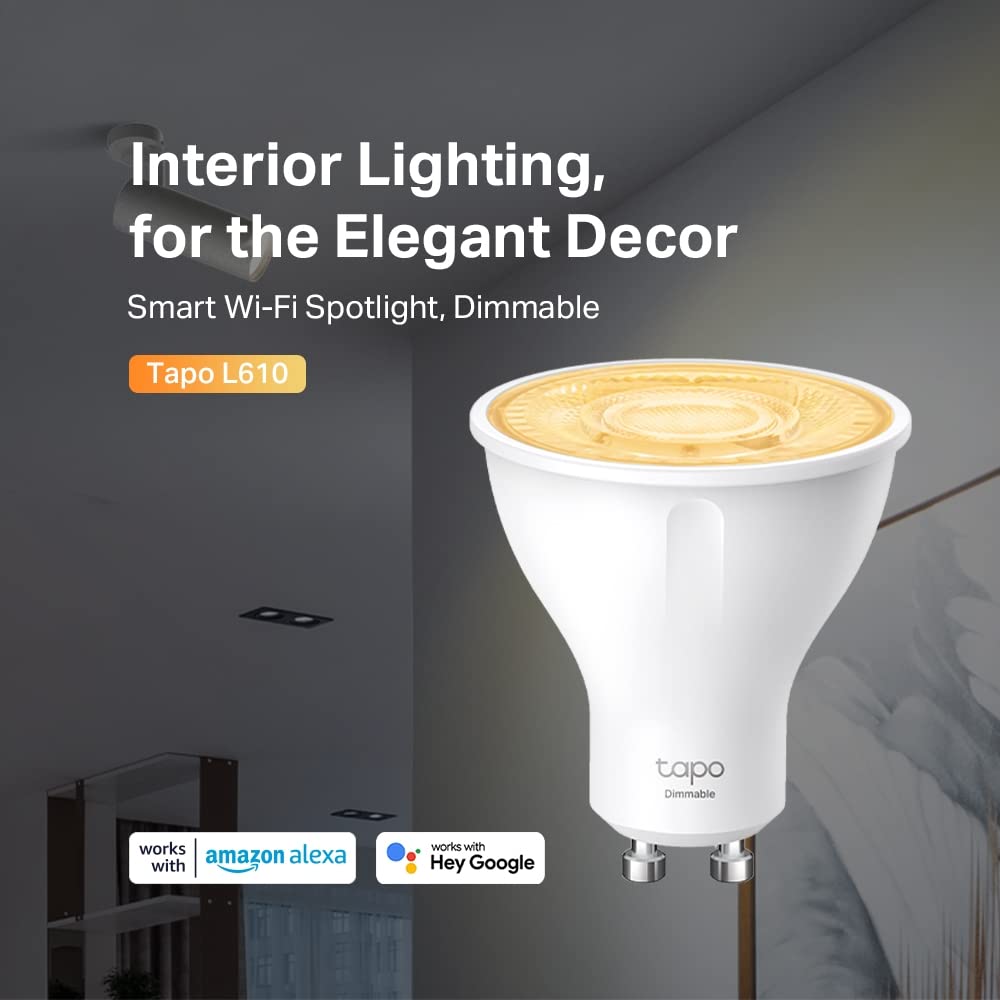 Tapo TP-Link bec inteligent WLAN GU10 L610, 4 bucăți, economisire de energie, 2.9 W echivalent cu 50W, lampă inteligentă dimabilă, accesorii smart home Alexa, compatibil cu Alexa și Google Assistant, Alb