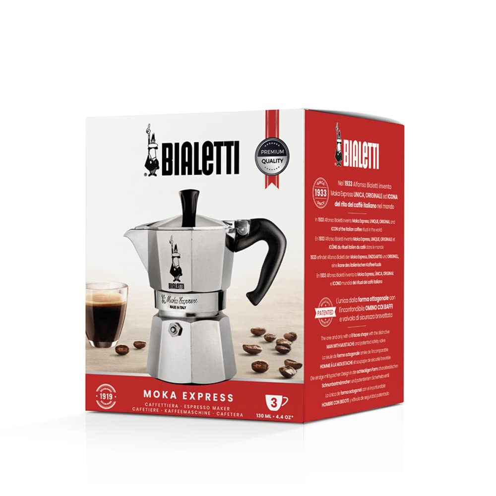 Bialetti - Moka Express: Iconic stovetop espresso machine, makes real Italian coffee, Moka pot 3 cups (130ml), aluminum, silver, aluminum - 0001162