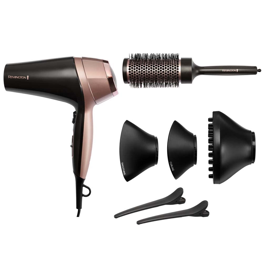Remington Hair Dryer Ions [Curls & Waves & Straight] Curl-Straight (2200W, includes 3 styling attachments: conical & curling styling nozzle & diffuser, 45mm round brush & clips, 3 heat & 2 speed settings) D5707