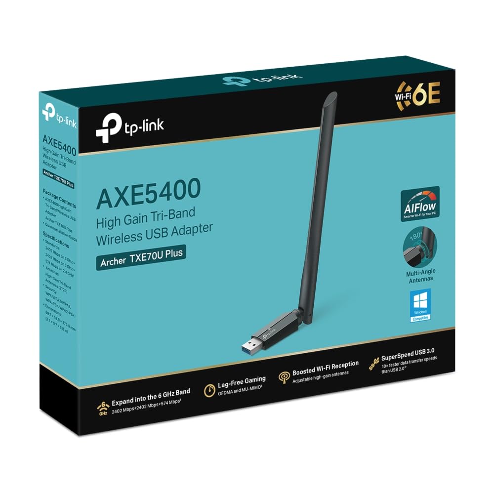 TP-Link Archer TXE70U Plus WLAN stick for PC WiFi 6E, AXE5400 USB WLAN adapter tri-band, USB 3.0, high-gain antennas, WPA3, compatible with Windows 11/10