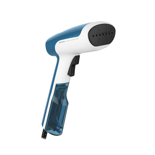 Tefal Access Steam First Garment Steamer, lightweight design, 15 seconds heating time, 1300 W, continuous steam output of 20 g/min, germ-killing, 70ml water tank, dimensions 18.4 x 10.6 x 30cm, steamer, white/blue, model DT6130.