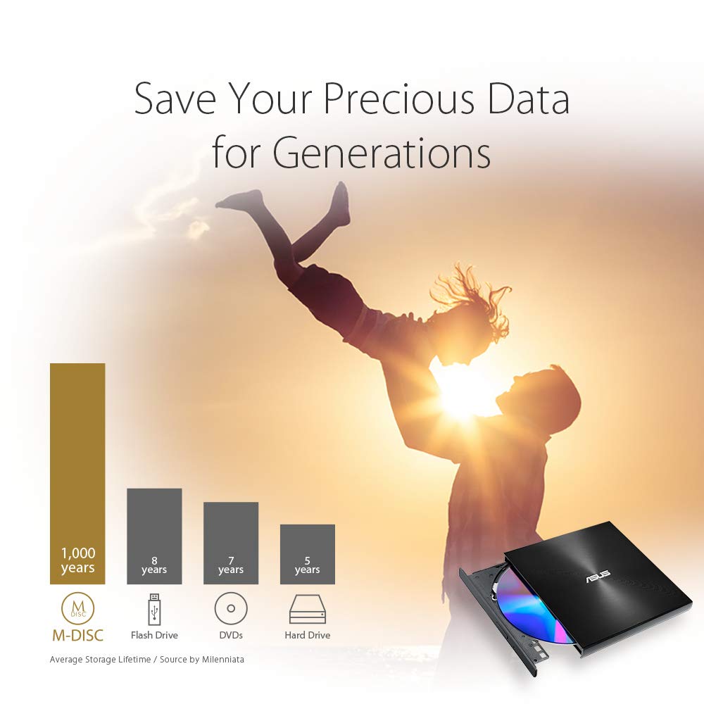 Asus ZenDrive U9M external DVD burner (for Apple MacBook & Windows PCs/Notebooks, incl. USB-C cable, burning software & Nero backup app, M-Disc support, USB 2.0) Gold - SDRW-08U9M-U/BLK/G