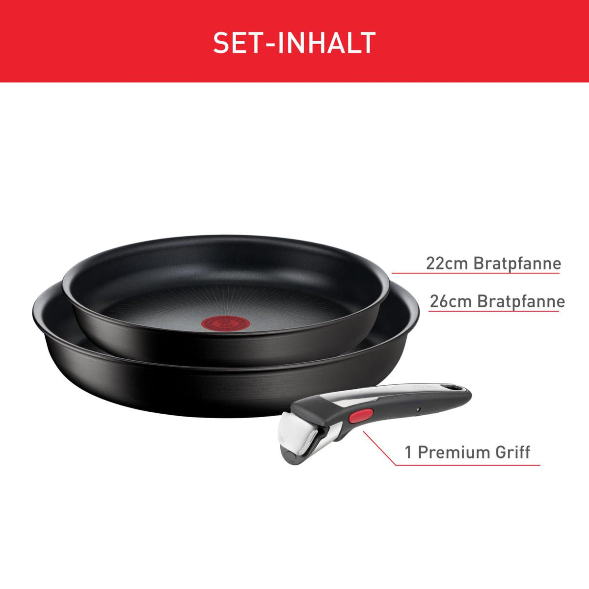 Tefal Ingenio Unlimited 3-piece frying pan set with removable handle, 22/26 cm, space-saving, stackable, induction-compatible frying pan set with non-stick coating, easy to use and clean, L39598