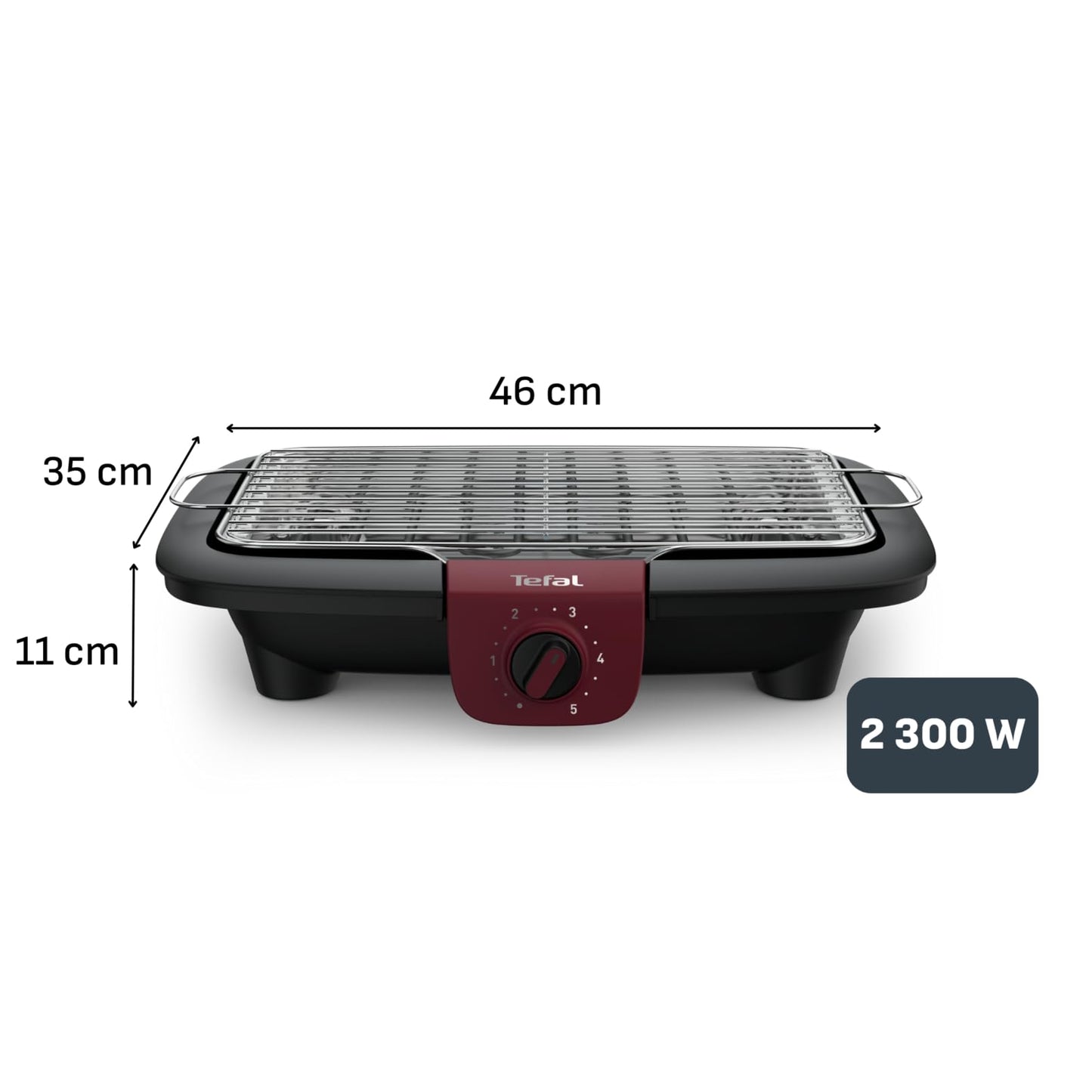 Tefal Easygrill Adjust Red electric grill, 2300 watt table grill, 870 cm² grill area, easy to clean, grill grate and drip tray dishwasher safe, completely dismantled, black/burgundy red, BG90E5