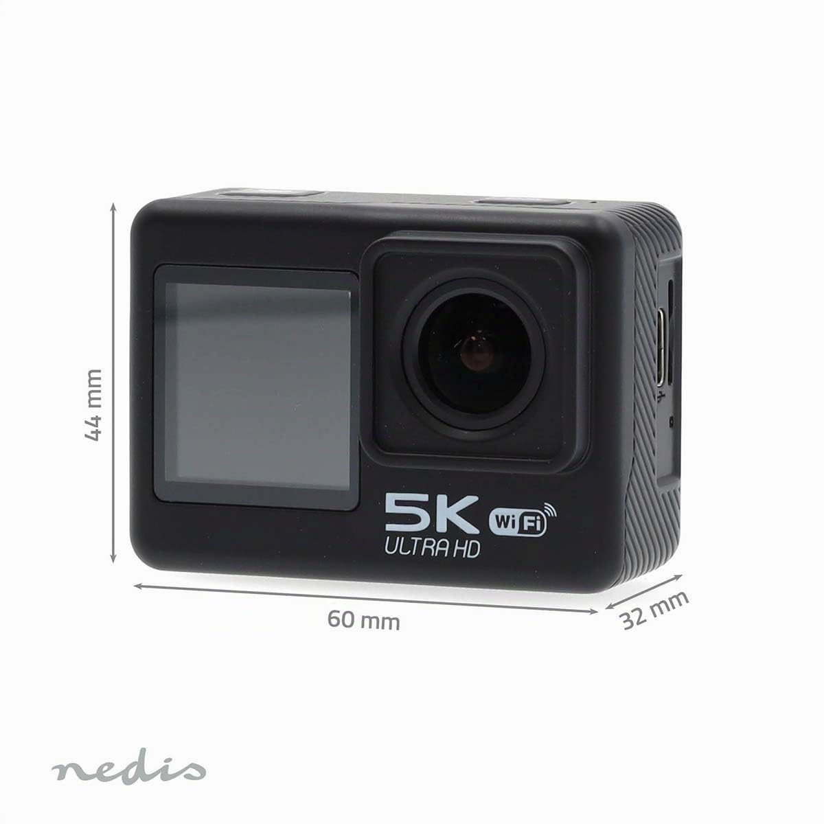 Nedis Action Cam - 5K@30fps - 16 MPixel - Waterproof up to: 30.00 m - 80 min - Wi-Fi - App available for: Android/iOS - Includes mount - Black - ACAM71BK