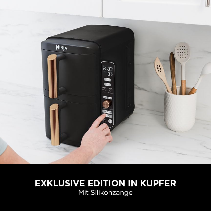 Ninja Double Stack XL Air Fryer, 2 Vertical Drawers, 4 Cooking Levels, 2 Shelves, Space Saving Design, 9.5L Capacity, 6 Functions, 8 Servings, Tongs, Black/Copper SL400EUCP