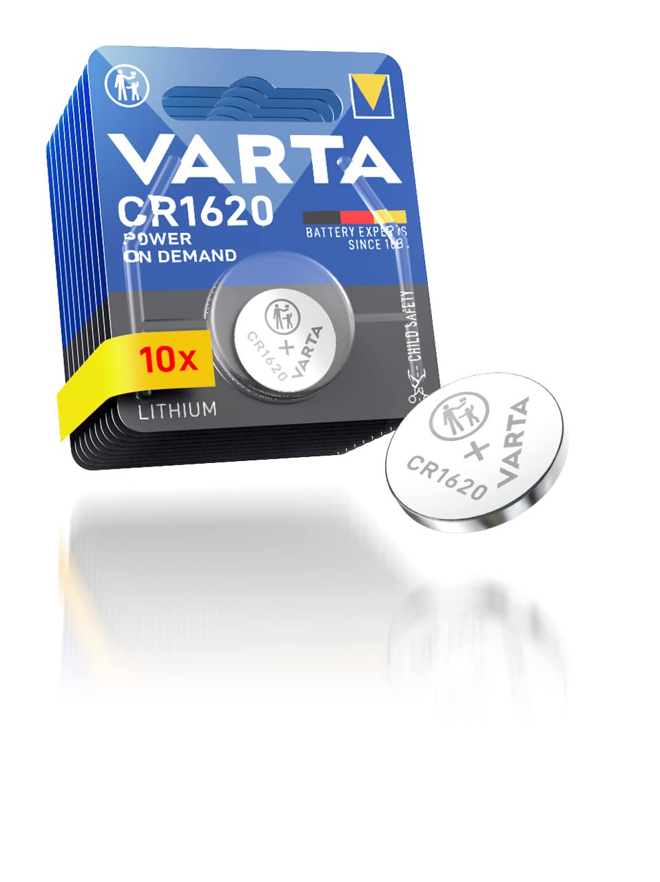 VARTA Button Cell Batteries CR1620, Pack of 10, Power on Demand, Lithium, 3V, safety-sealed packaging, for Smart Home devices, car keys, and other applications. - 4008496057795