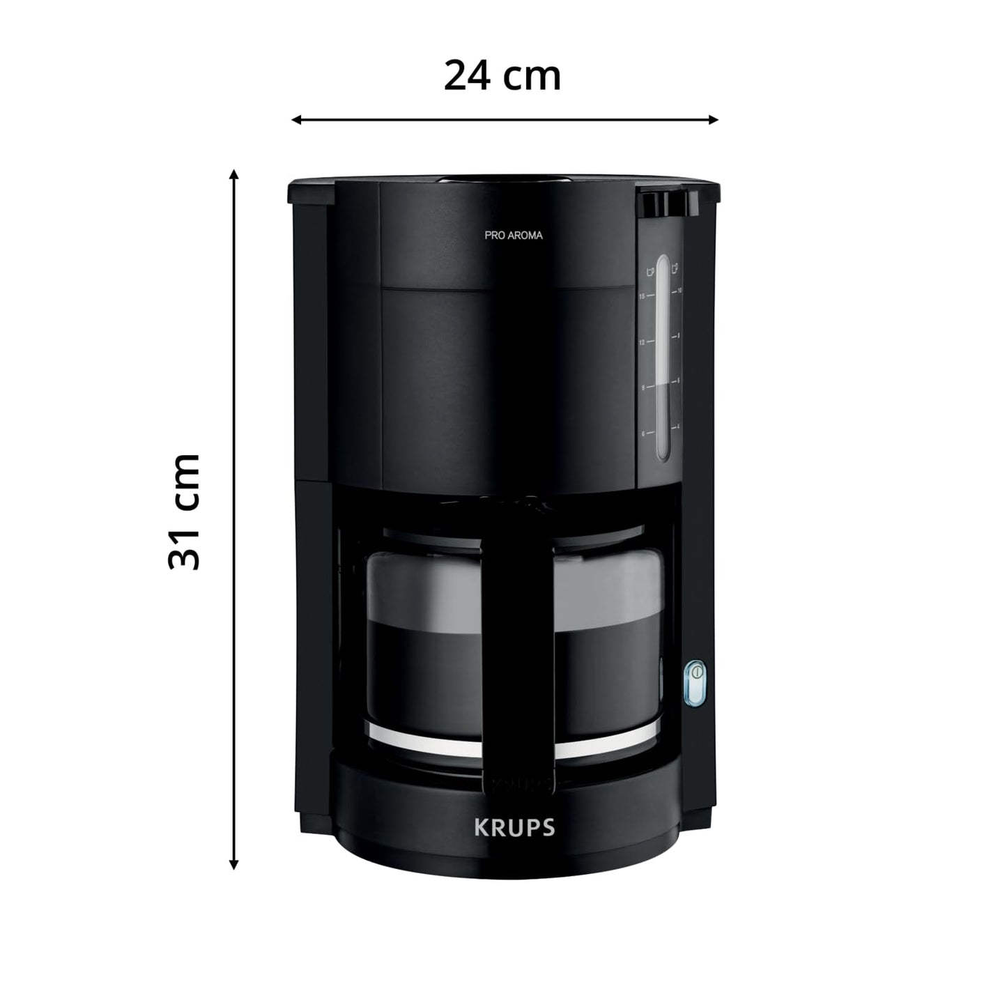 Krups F30908 ProAroma filter coffee machine with glass jug, 1.25L capacity, 10-15 cups, 1050W, black