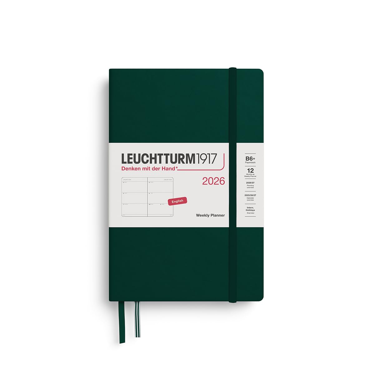LEUCHTURM1917 372719 Calendar săptămânal broşat (B6+) 2026, Forest Green, engleză