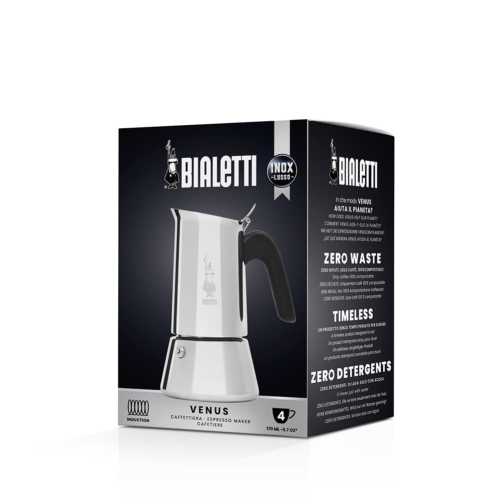 Bialetti - New Italian espresso machine Venus Induction made of stainless steel, suitable for all types of plates, 4 coffee cups (170 ml), silver - 0007254