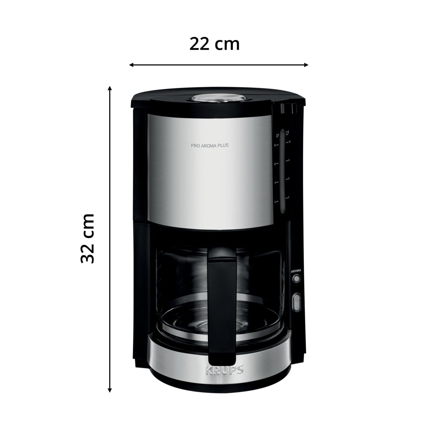 Krups KM3210 Pro Aroma Plus filter coffee machine, 10 cups, 1.25 L, 30-minute keep-warm function, visible water level window, drip stop system, black with stainless steel applications