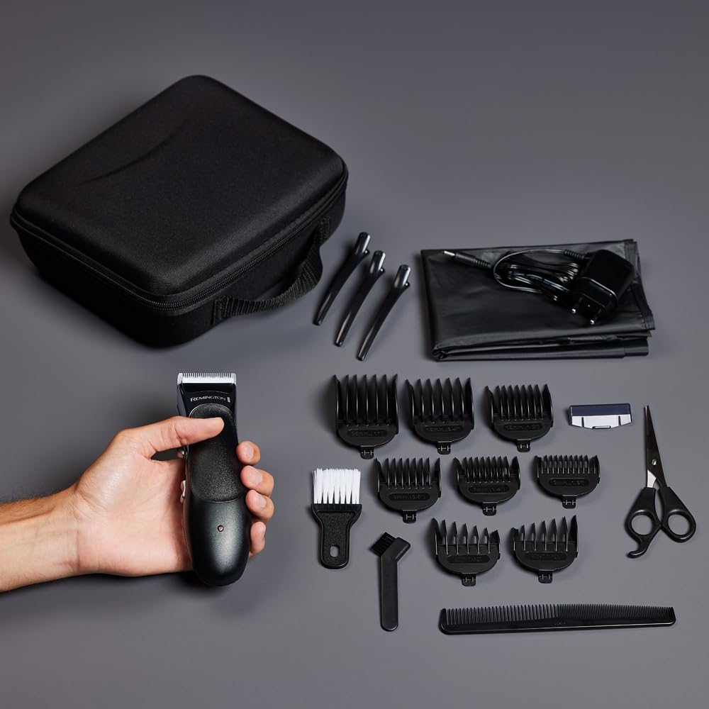 Remington Hair Clipper Professional [self-sharpening ceramic blades with adjustment lever/0.5-25mm] Hair Clipper Set (8 attachment combs, mains/battery operation, lithium, professional case with hairdresser accessories) HC363C