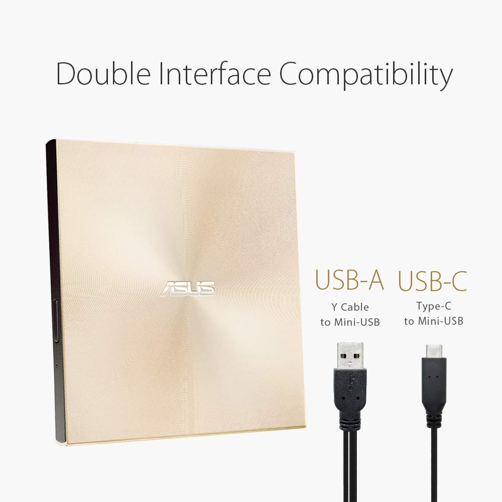 Asus ZenDrive U9M USB-C external Ultra SLIM DVD burner (incl. USB-C cable, burning software & Nero backup app), for Apple MacBooks and Windows PCs/notebooks, USB 2.0, gold - 90DD02A5-M29000