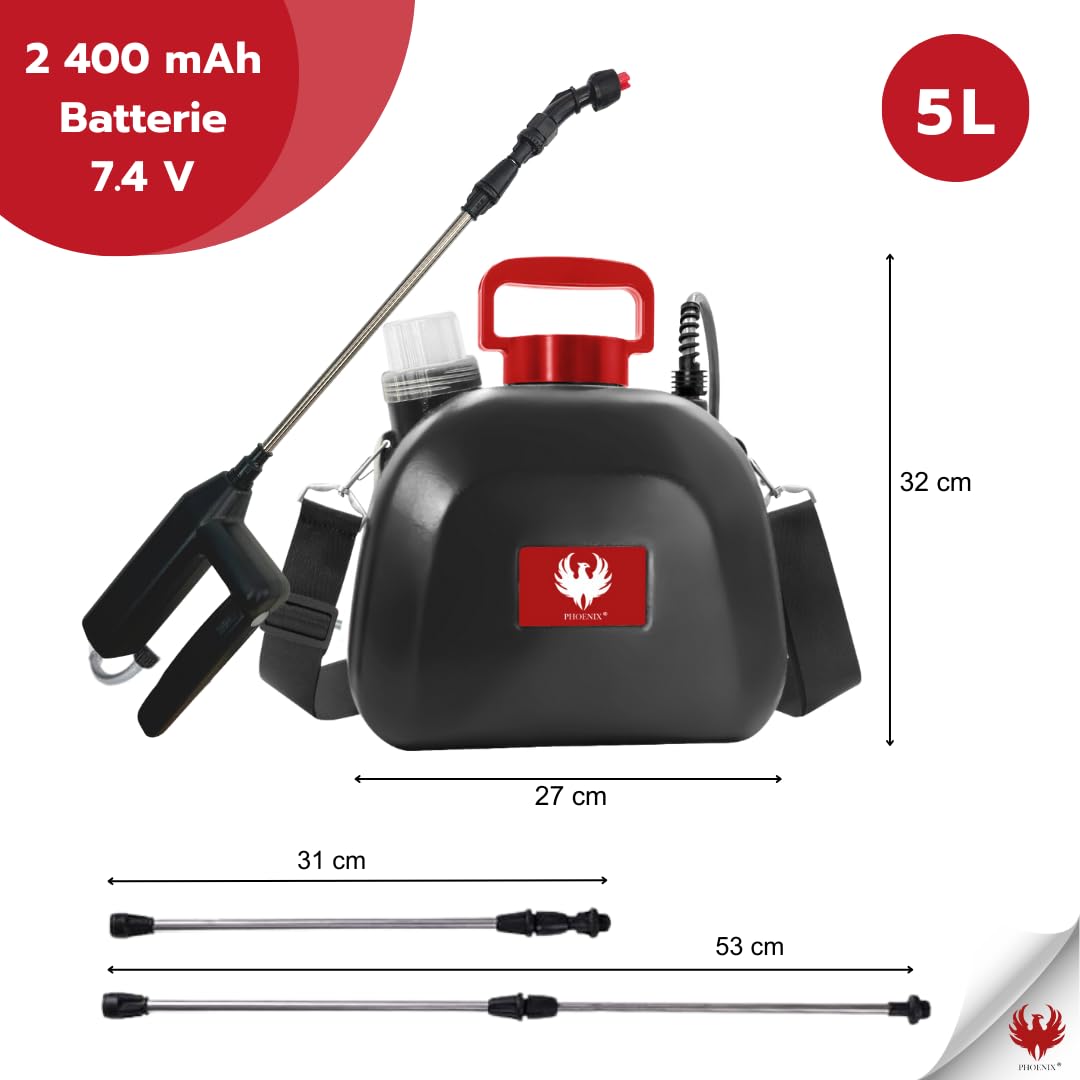 Phoenix - pressure sprayer 5 liter Easy Sprayer - garden sprayer with rechargeable battery with 3 hours of battery life, sprayer with THREE nozzles (cone, fan, shower jet), light, robust