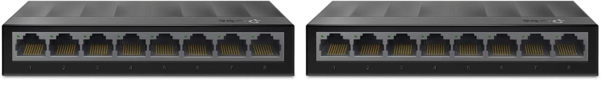 Switch de birou TP-Link LS1008G cu 8 porturi (8 x porturi RJ45 Gigabit cu negociere automată, IEEE 802.3X, Plug and Play, Economie de energie, Carcasă din plastic pentru montare ușoară pe masă sau pe perete) Negru (Pachet de 2)
