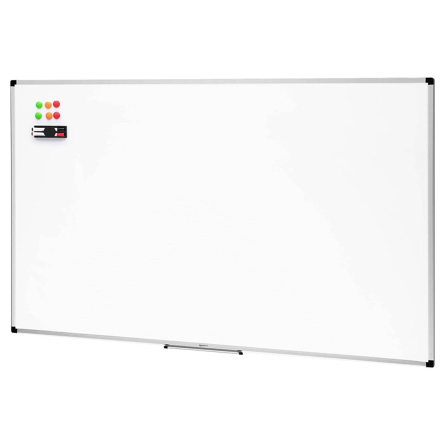 Amazon Basics magnetic whiteboard with aluminum frame, pen holder, 6 magnets, 1 eraser and 2 markers for office and home, wall mounting, dry wipeable, 90cm x 60cm - 1548964572