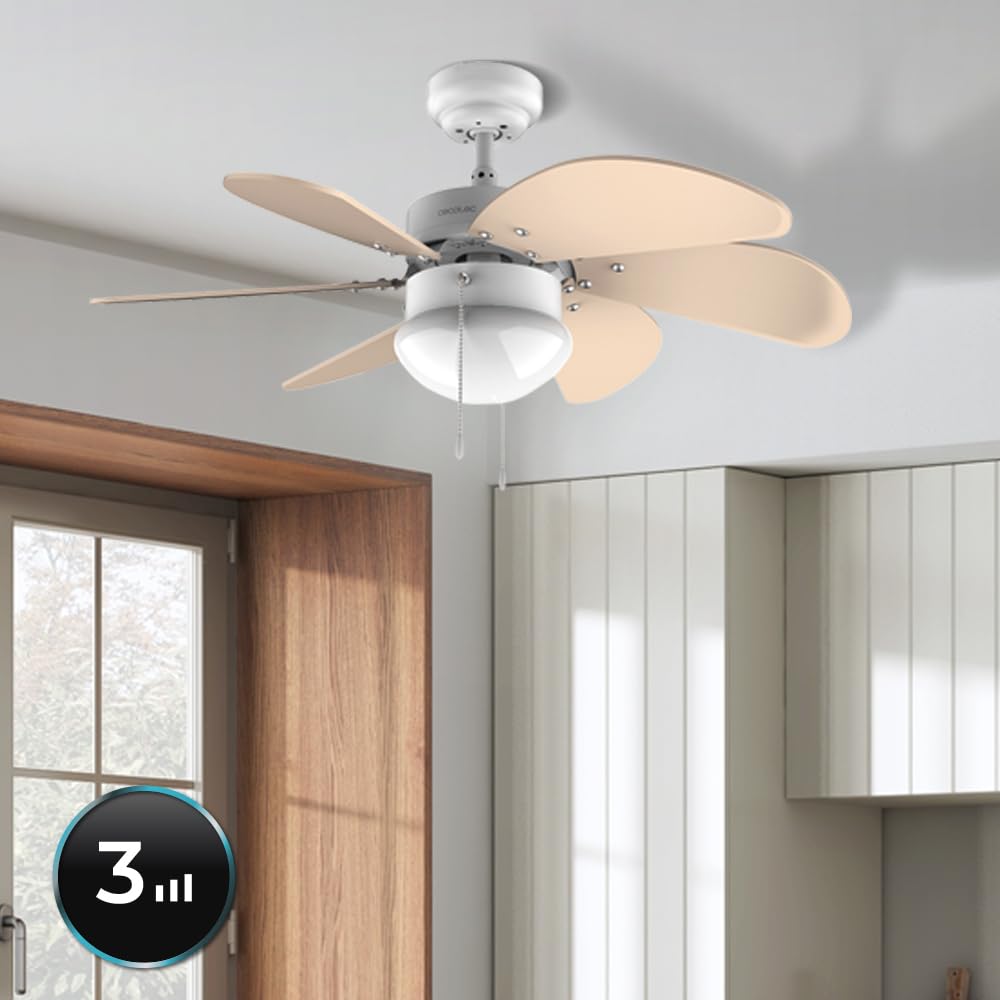 Cecotec ceiling fan EnergySilence 3600 Vision SunLight, 50 W, diameter 92 cm, lamp, 3 speeds, 6 reversible blades, summer/winter function, pull switch, white/yellow - 05963