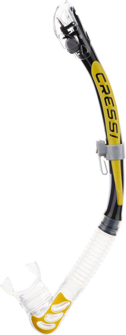 Cressi Alpha Ultra Dry Snorkel Transparent/Black/Yellow - Dry Snorkel for Diving Freediving and Snorkeling, Transparent/Black/Silver, One Size Unisex - ES258051