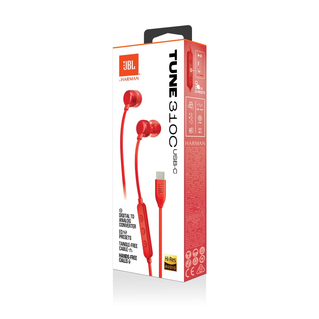 JBL Tune 310 C Headphones - Wired in-ear headphones with JBL Pure Bass Sound, microphone and USB-C port - Red - JBLT310CRED