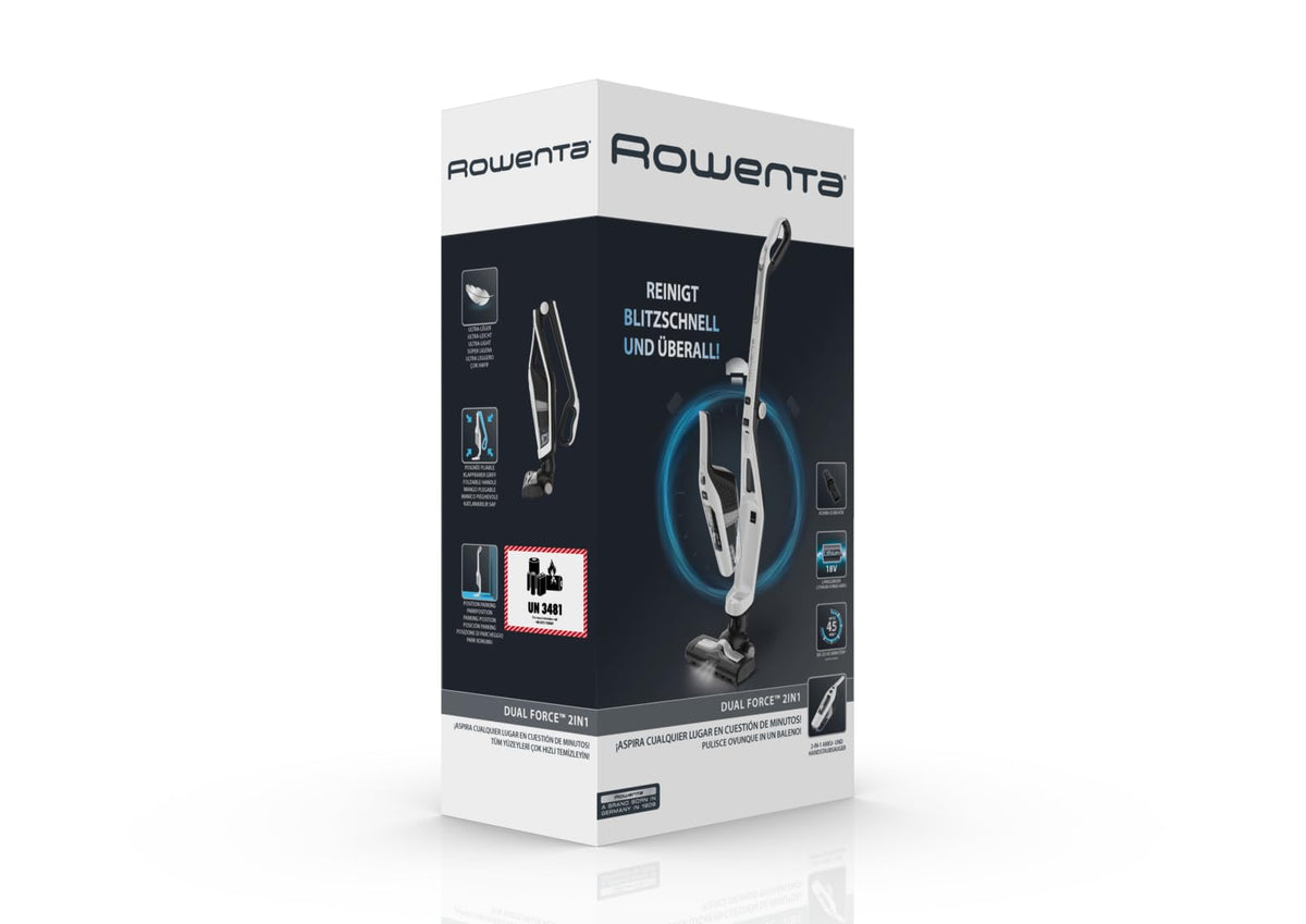 Rowenta RH6737 Dual Force 2-in-1 cordless vacuum cleaner, integrated handheld vacuum, foldable handle, very lightweight – only 2.5 kg, LED lighting, white, 45 min