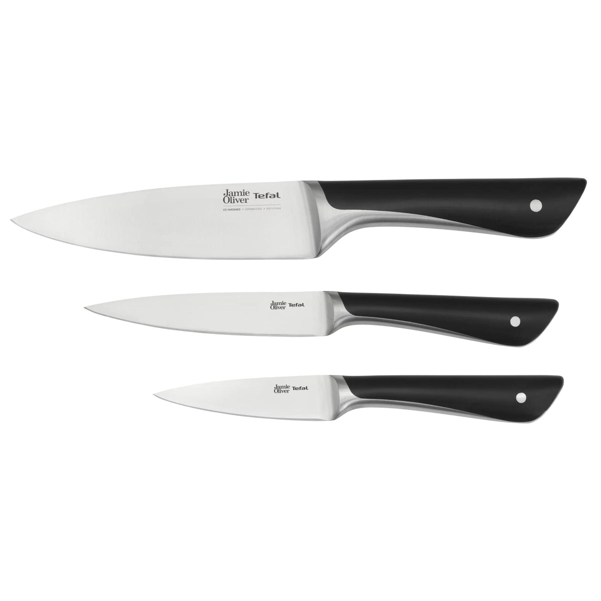 Tefal Jamie Oliver 3-piece knife set, chef's knife, utility knife, paring knife, high cutting performance, distinctive design, durable blades, stainless steel, black, K267S355