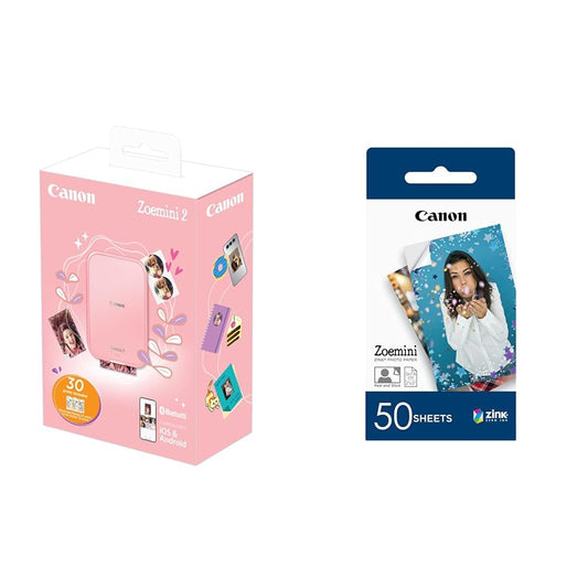 Canon Zoemini 2 Mini Photo Printer, portable and compact for on-the-go use, pocket-sized. Printing KIT & ZP-2030 Original Zink photo paper, 50 sheets included. Zoemini instant camera/photo printer.