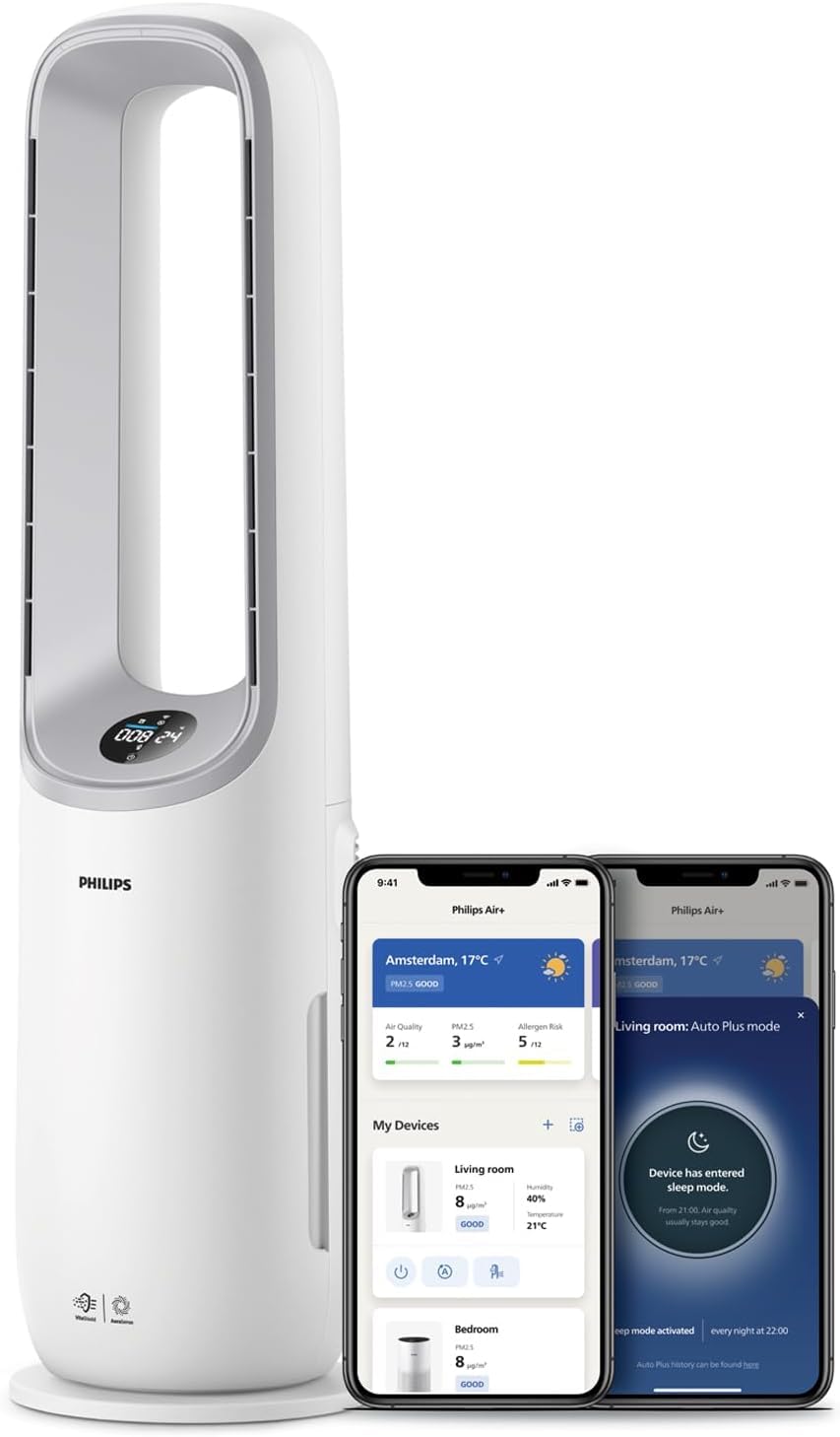 PHILIPS Air Performer 2-in-1: Air purifier and cooling fan - Cleans 70 m², removes 99.97% of allergens and pollutants. HEPA filter, intelligent sensors, Alexa, app. (AMF765/10)