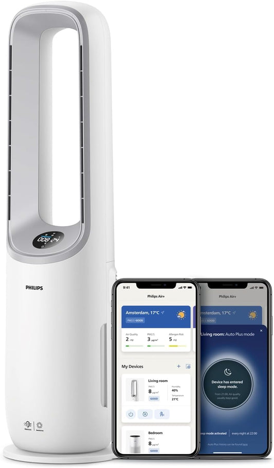 PHILIPS Air Performer 2-în-1: Purificator și ventilator - Curăță 70 m², elimină 99,97% din alergeni și poluanți. Filtru HEPA, senzori inteligenți, Alexa, aplicație. (AMF765/10)