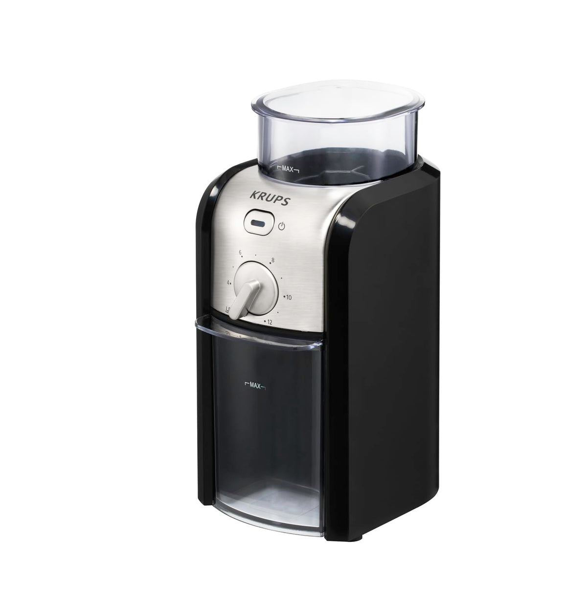 Krups electric coffee grinder with grind size and cup quantity selection, stainless steel conical burr grinder, 17 different settings, large filling opening with safety lid, espresso grinder, black, GVX212 - GVX242