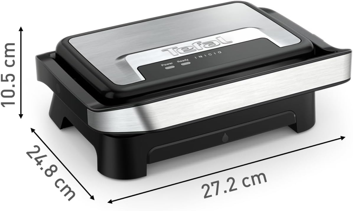 Tefal Inicio Compact 2-in-1 Contact and Panini Grill, 1000 W, compact design, stainless steel housing, juice collecting tray, non-stick grill plates, stainless steel/black, GC270D10