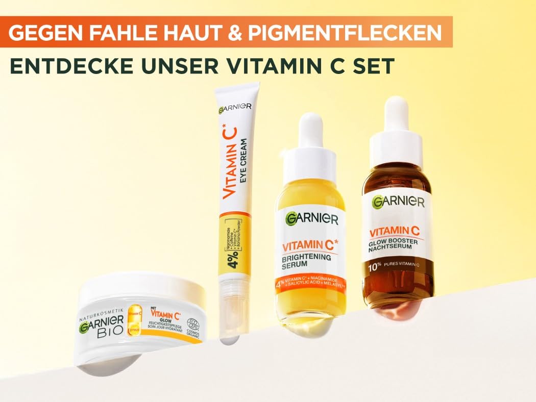 Garnier SkinActive Coffret Max Glow Booster Set pentru zi și noapte cu ser anti-pete întunecate cu vitamina C, cremă pentru ochi Glow Booster cu vitamina C și ser de noapte Glow Booster cu vitamina C.