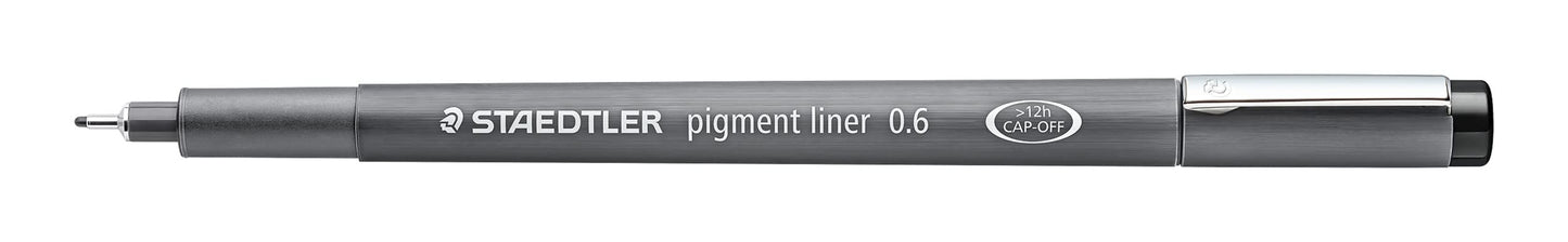 STAEDTLER black pigment liner, line width 0.6 mm, indelible pigment ink, long metal tip, long service life, 10 fineliners in a cardboard case, 308 06-9