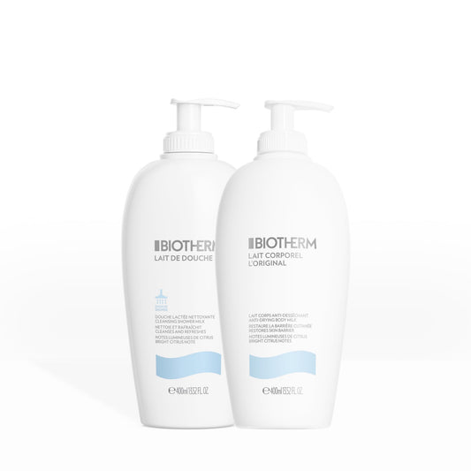 Biotherm care duo with Lait Corporel L'Original body lotion 400 ml & Lait De Douche shower gel 400 ml, moisturizing body care with Life Plankton & citrus scent for supple skin