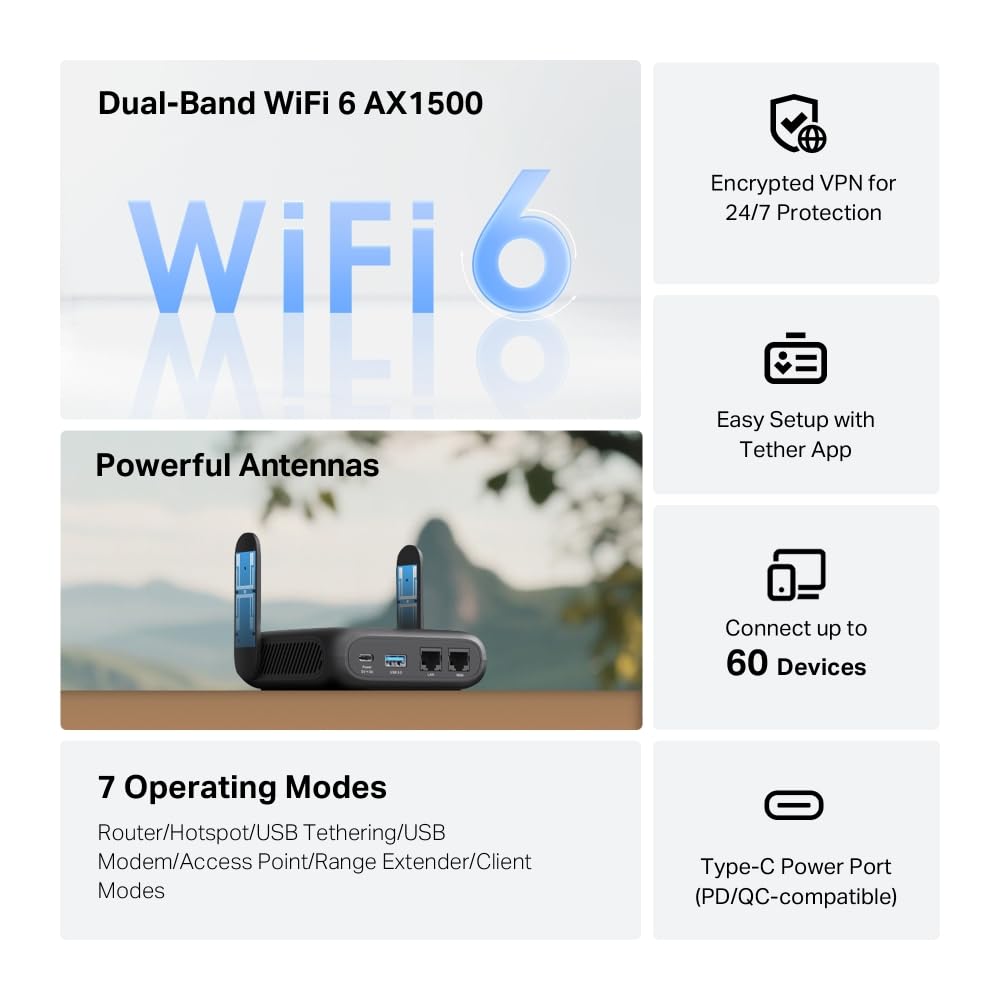 TP-Link TL-WR1512X Wi-Fi 6 travel WLAN router AX1500, dual-band access point with power bank operation, 2×Gigabit port, OpenVPN & WireGuard, USB 3.0, WPA3, 7 operating modes
