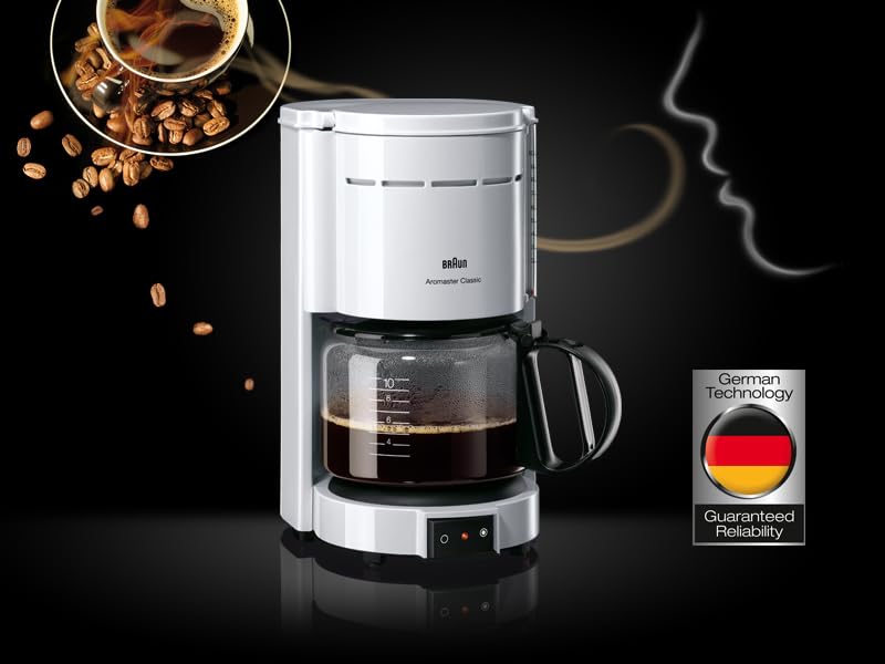Braun Coffee Maker KF 47 WH - Filter coffee machine with glass carafe for classic filter coffee, aromatic coffee thanks to OptiBrew system, drip stop, automatic shut-off, white.